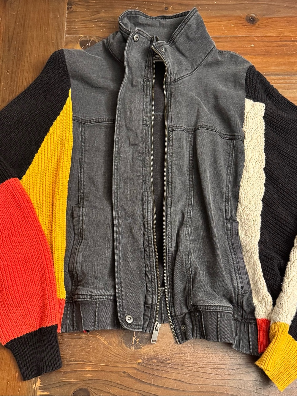 Colorblock Knit-Sleeve Denim Jacket - Black with Red, Yellow & Cream Accents